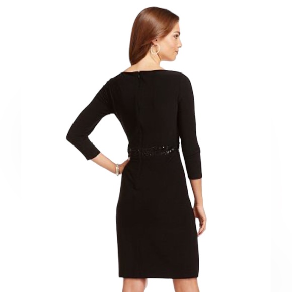 Chaps Little Black Form Fitting Dress With Sequin Belt Drapey Detail Size Small - Picture 2 of 16